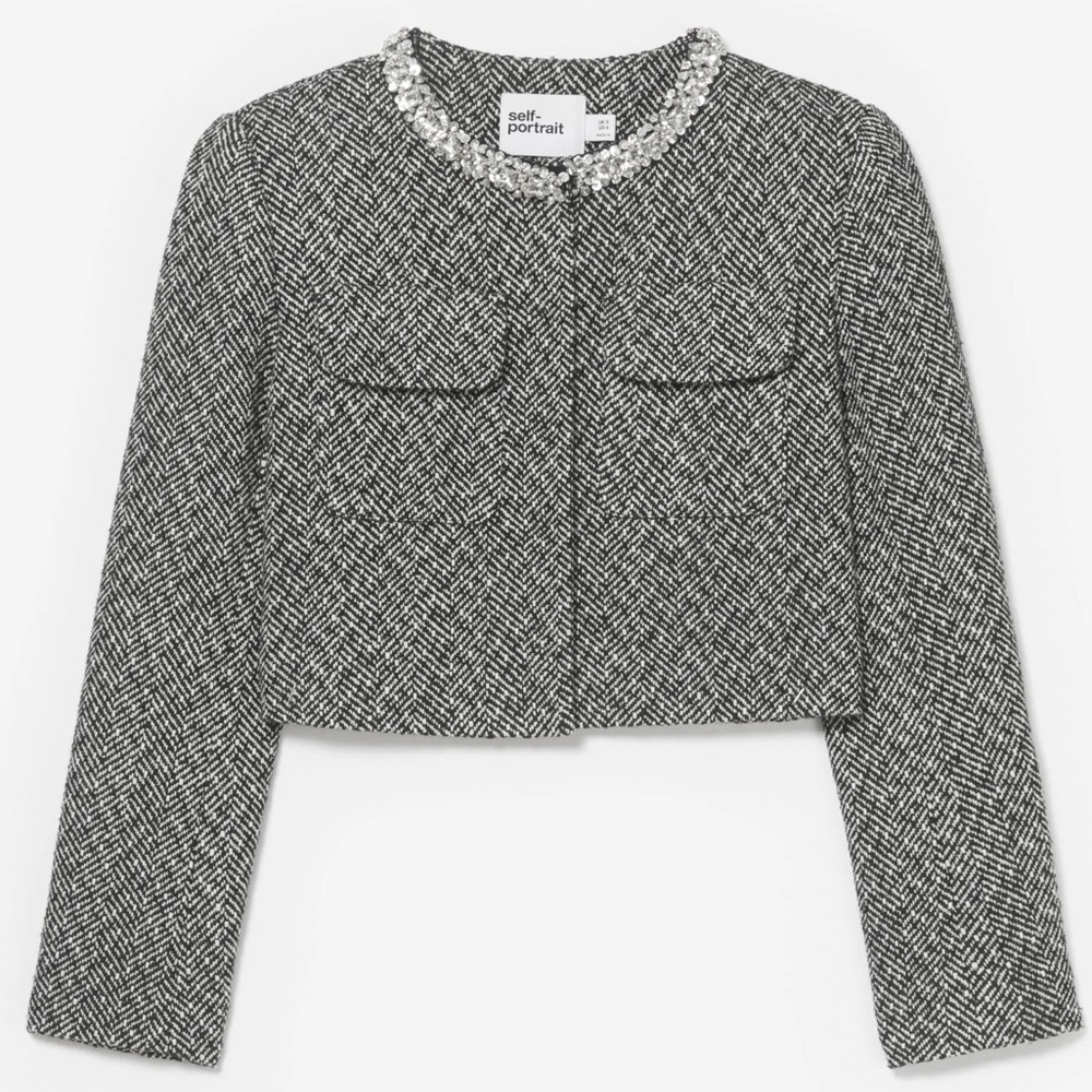 Self Portrait Black Herringbone Embellished Blazer